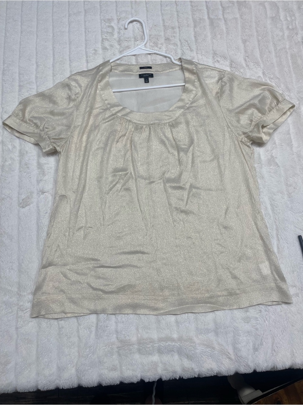 Talbots Cream Short Sleeve Scoop Neck Metallic Top
